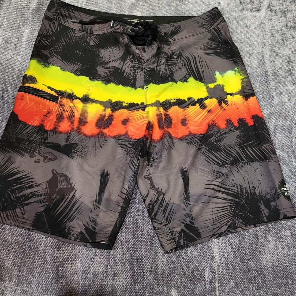 ONeill Hyperfreak Hawaii Board Shorts Mens 35 Gray Neon Orange Yellow Palm Print